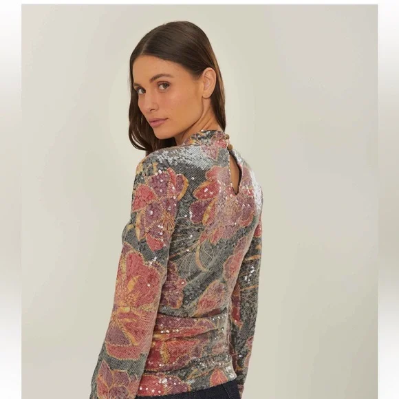 NWT Farm Rio Chita Tulle Black Flower Sequin Top Sparkle - Picture 4 of 5